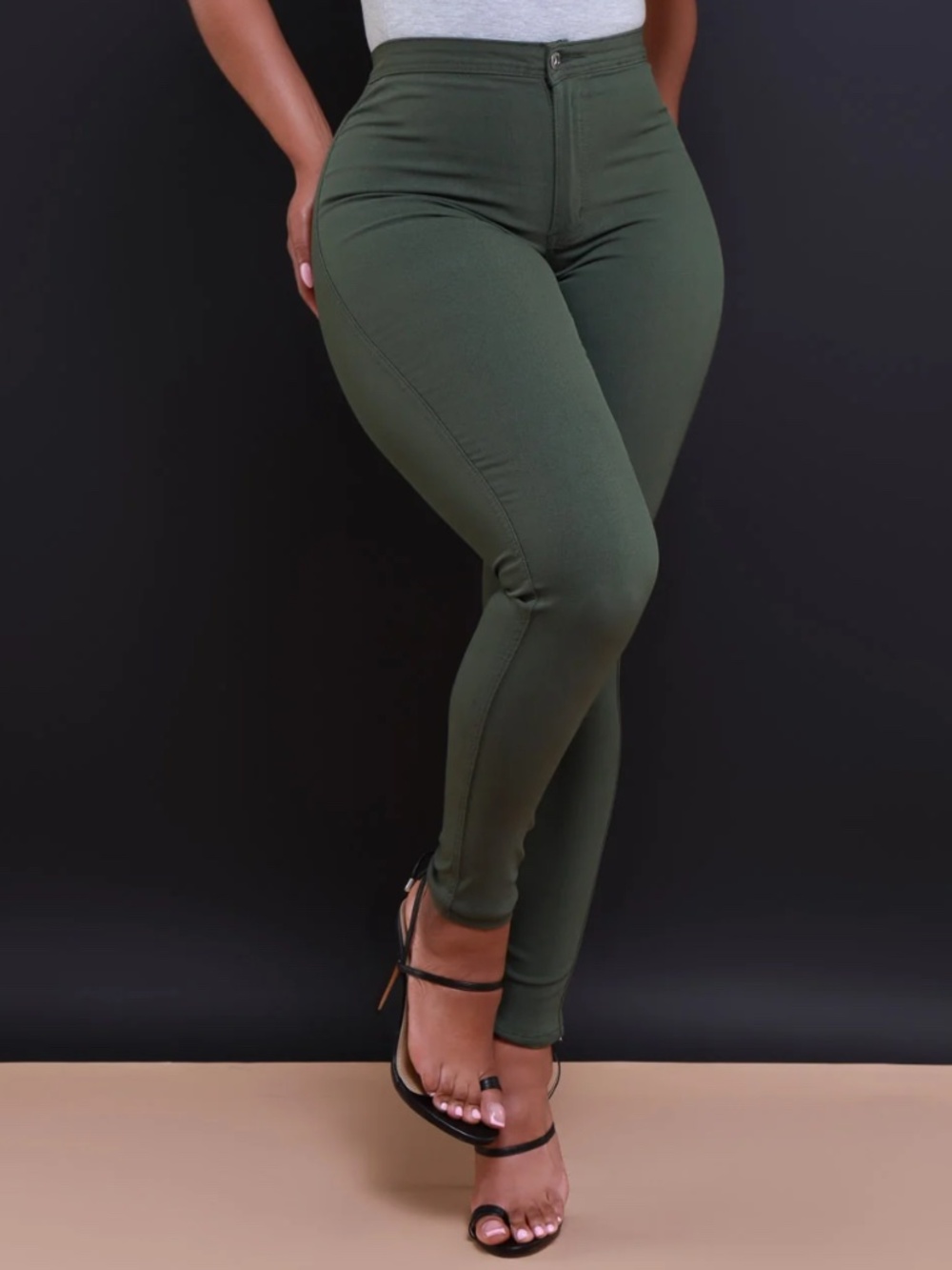 Boutique | Olive Green Stretchy High Waist Jeans